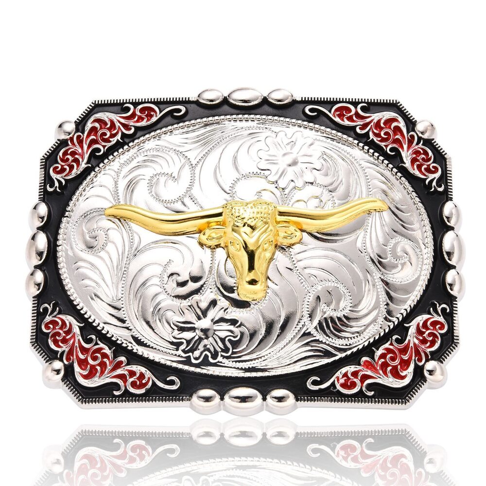 7671 Long Horn Bull Belt Buckles , Silver & Black Gold Longhorn Red Floral
